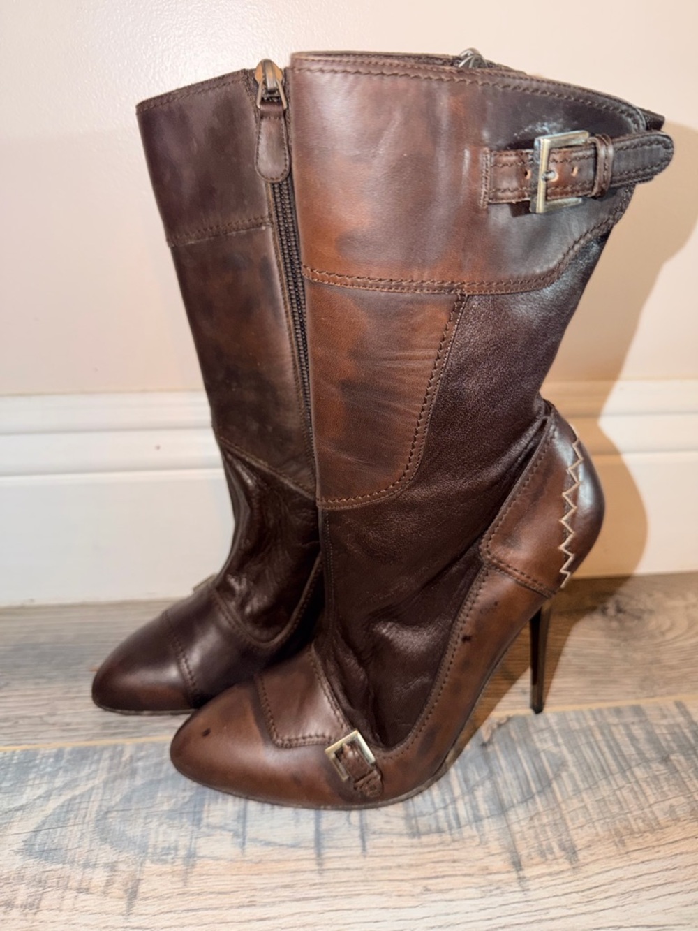Salvatore Ferragamo Lambskin Lince Stilleto Brown and Black Boots 7 B